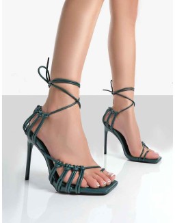 Violett Green Pu Square Toe Lace up Heels