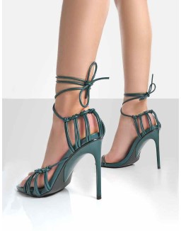 Violett Green Pu Square Toe Lace up Heels