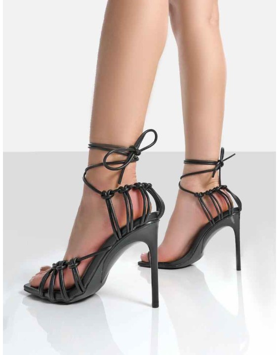 Violett Black Pu Square Toe Lace up Heels