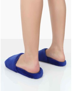 Namaste Blue Fluffy Faux Fur Slippers