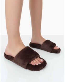 Namaste Chocolate Fluffy Faux Fur Slippers