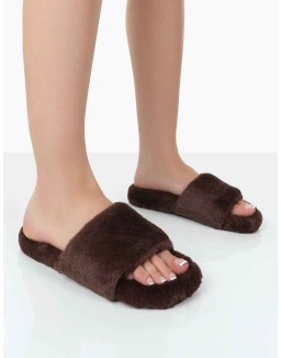 Namaste Chocolate Fluffy Faux Fur Slippers