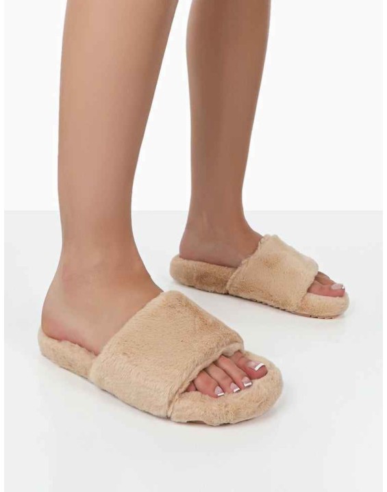 Namaste Beige Fluffy Faux Fur Slippers
