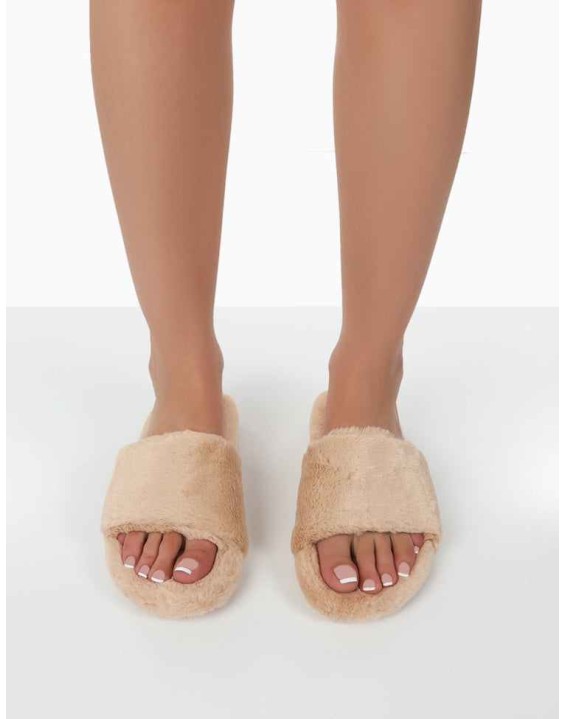 Namaste Beige Fluffy Faux Fur Slippers