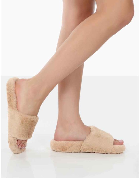 Namaste Beige Fluffy Faux Fur Slippers
