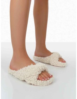 Slumber Beige Teddy Cross Over Strap Slippers