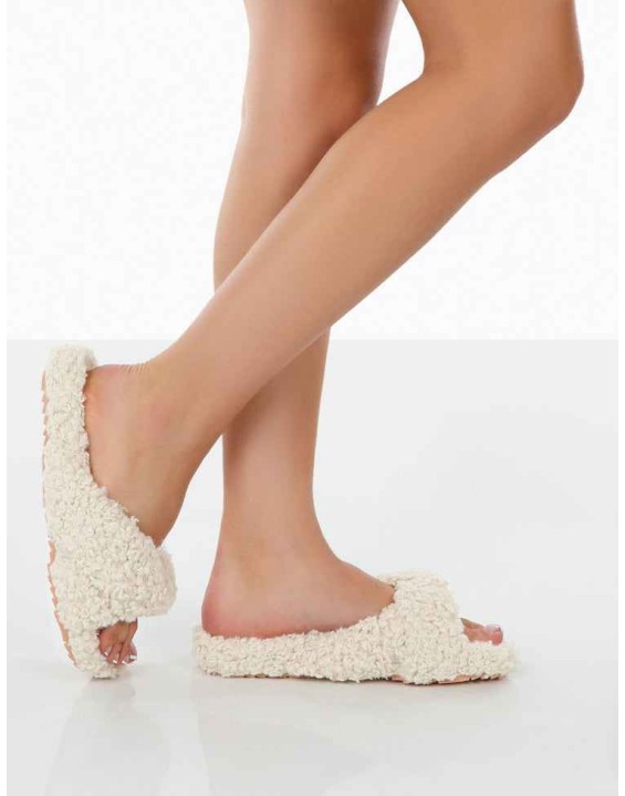 Slumber Beige Teddy Cross Over Strap Slippers