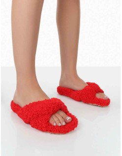 Slumber Red Teddy Cross Over Strap Slippers