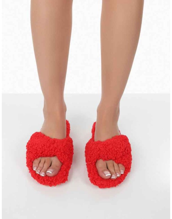 Slumber Red Teddy Cross Over Strap Slippers