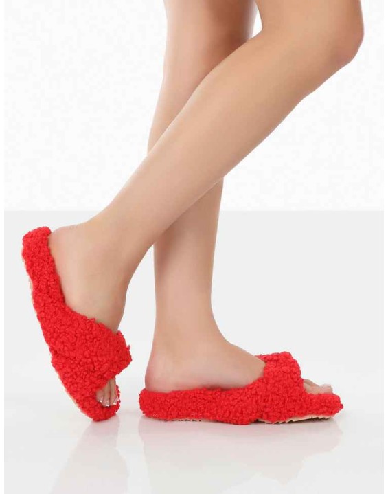 Slumber Red Teddy Cross Over Strap Slippers