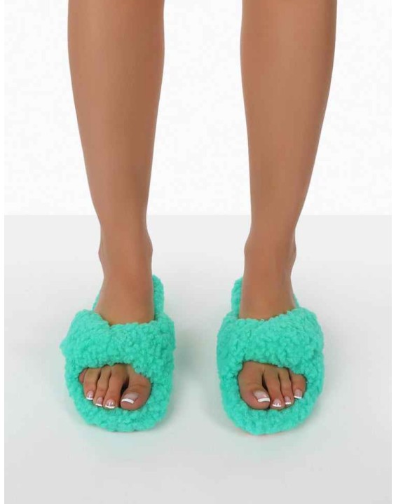 Slumber Green Teddy Cross Over Strap Slippers
