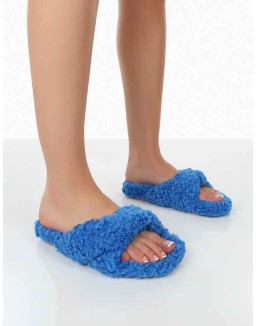 Slumber Blue Teddy Cross Over Strap Slippers