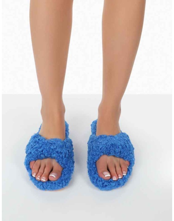 Slumber Blue Teddy Cross Over Strap Slippers