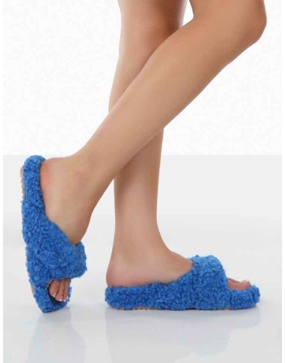 Slumber Blue Teddy Cross Over Strap Slippers