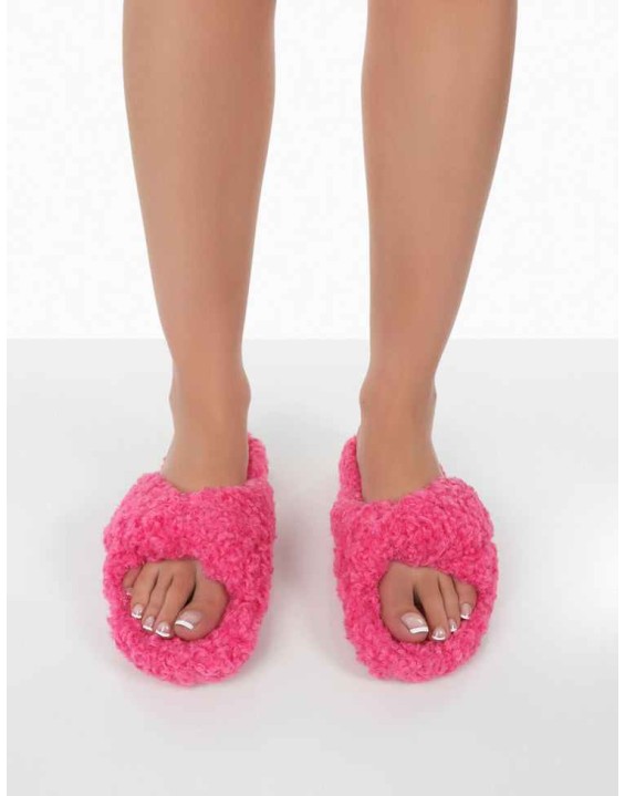 Slumber Pink Teddy Cross Over Strap Slippers