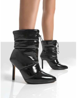Reset Black Patent Puffer Drawstring Heeled Boots