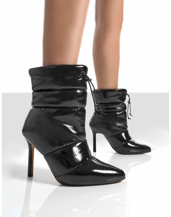 Reset Black Patent Puffer Drawstring Heeled Boots