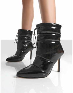 Reset Black Patent Puffer Drawstring Heeled Boots