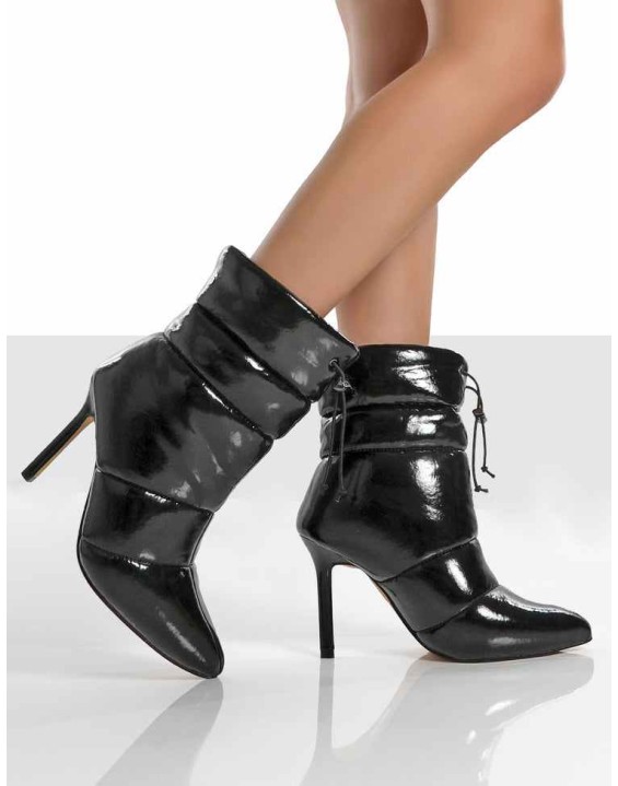 Reset Black Patent Puffer Drawstring Heeled Boots