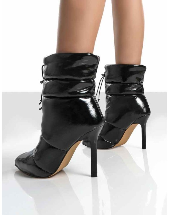 Reset Black Patent Puffer Drawstring Heeled Boots