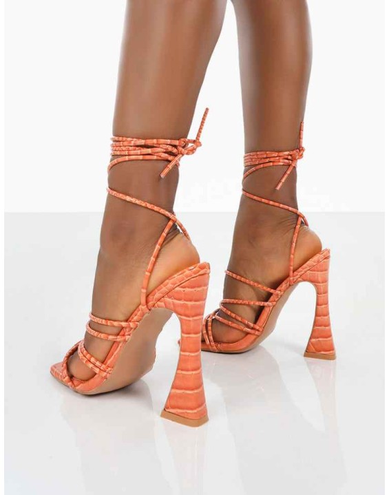 Corrbin Orange Croc Patent Pu Strappy Lace up Flared Heels