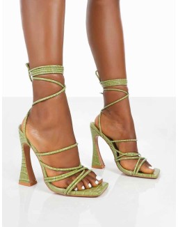 Corrbin Green Croc Patent Pu Strappy Lace up Flared Heels