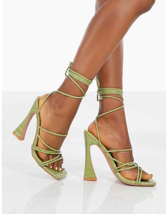Corrbin Green Croc Patent Pu Strappy Lace up Flared Heels