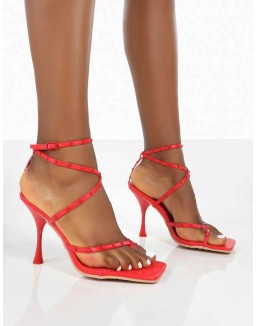 Back Up Red Pu Square Toe Strappy Mid Heels