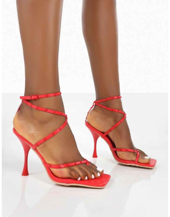 Back Up Red Pu Square Toe Strappy Mid Heels