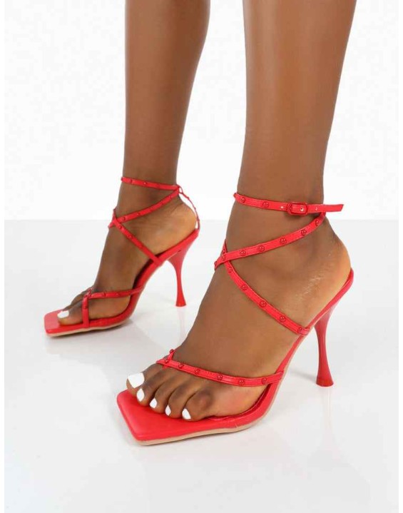 Back Up Red Pu Square Toe Strappy Mid Heels