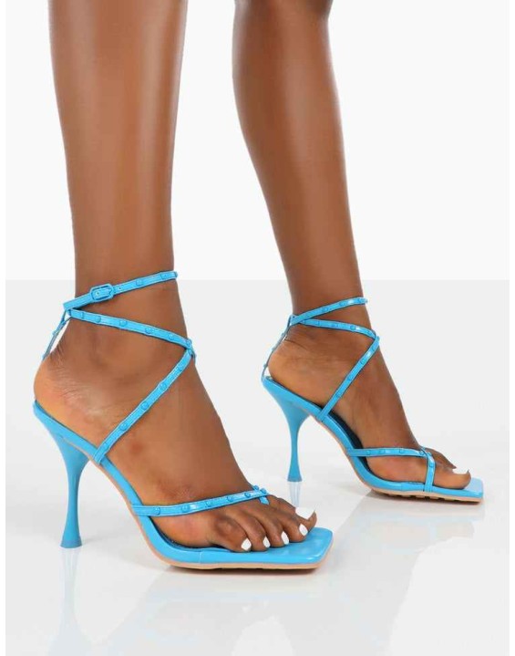 Back Up Blue Pu Square Toe Strappy Mid Heels