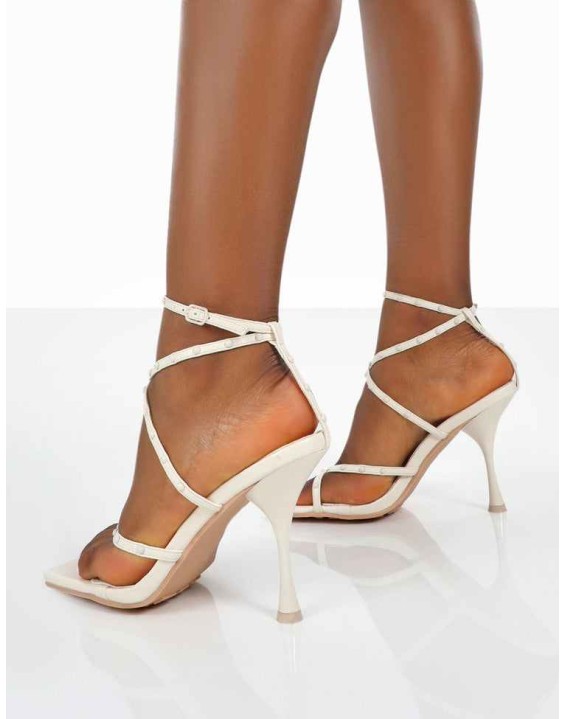 Back Up White Pu Square Toe Strappy Mid Heels