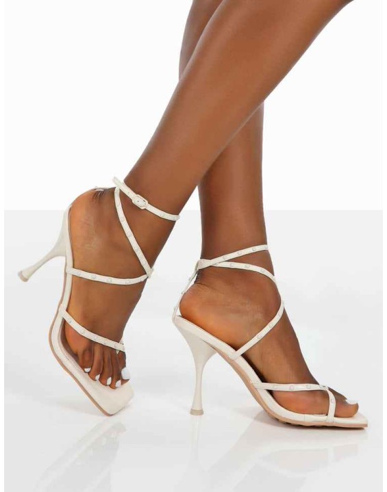 Back Up White Pu Square Toe Strappy Mid Heels