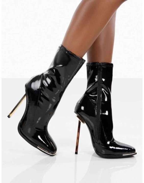 Kenza X Public Desire Lou Lou Black Patent Stiletto Heel Sock Boots