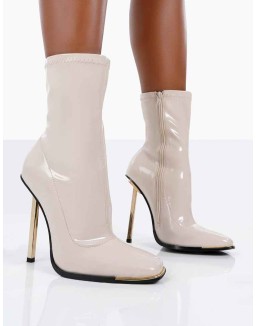Kenza X Public Desire Lou Lou Ecru Patent Stiletto Heel Sock Boots