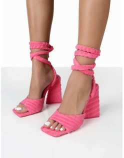 Mojito Pink Towelling Lace Up Pyramid Block Heels
