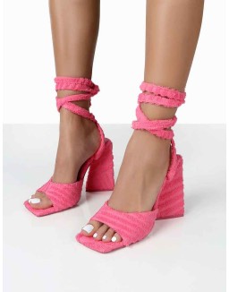 Mojito Pink Towelling Lace Up Pyramid Block Heels