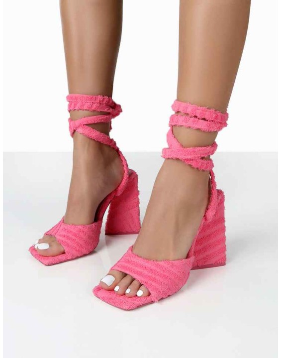 Mojito Pink Towelling Lace Up Pyramid Block Heels