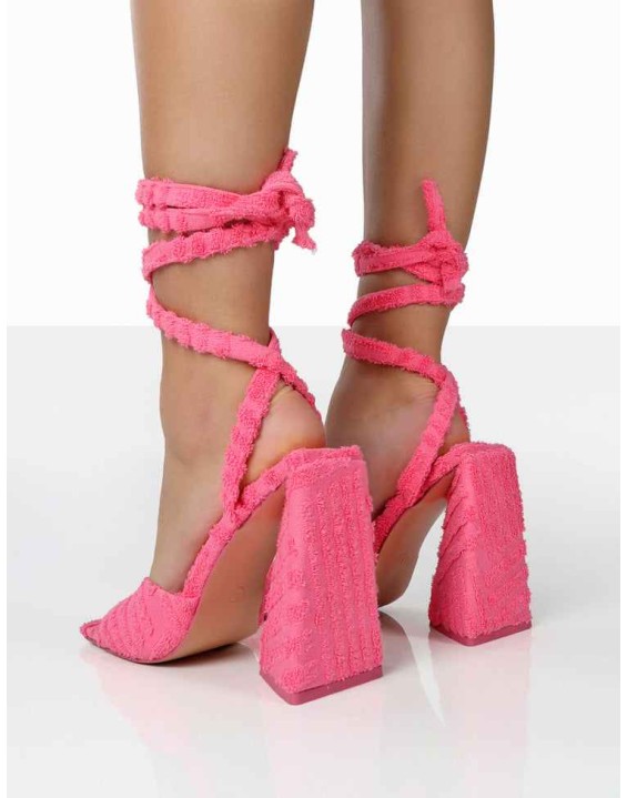 Mojito Pink Towelling Lace Up Pyramid Block Heels