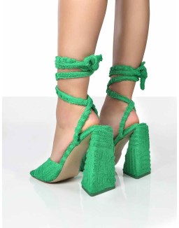 Mojito Green Towelling Lace Up Pyramid Block Heels