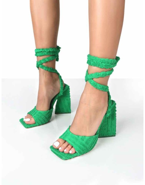 Mojito Green Towelling Lace Up Pyramid Block Heels
