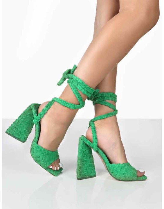 Mojito Green Towelling Lace Up Pyramid Block Heels