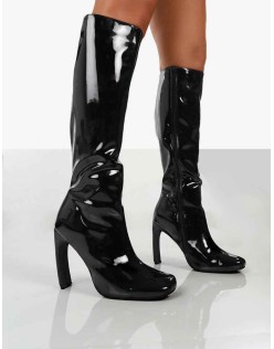 Peppa Black Patent Block Heel Knee High Boots