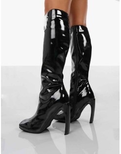 Peppa Black Patent Block Heel Knee High Boots
