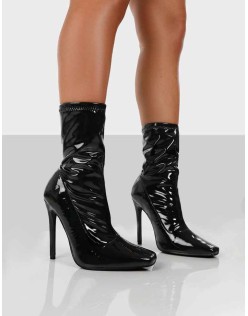 Lars Black Patent Wide Fit Sock High Heeled Ankle Boots