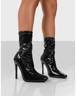Lars Black Patent Wide Fit Sock High Heeled Ankle Boots