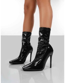 Lars Black Patent Wide Fit Sock High Heeled Ankle Boots