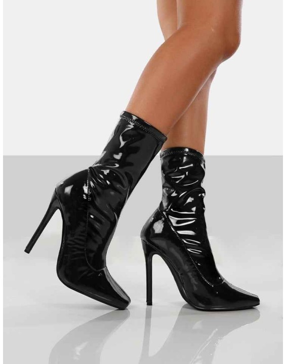 Lars Black Patent Wide Fit Sock High Heeled Ankle Boots