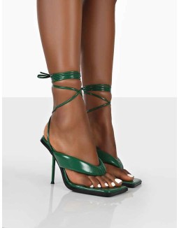 Grand Green Toe Thong Front Square Toe Lace Up Stiletto Heels