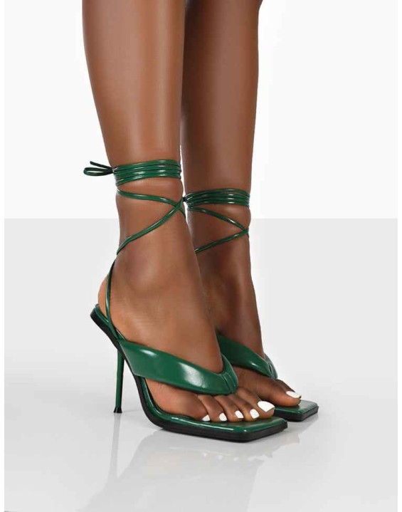Grand Green Toe Thong Front Square Toe Lace Up Stiletto Heels